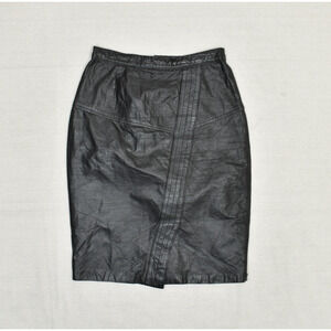 VTG Pelle Women Wrap Pencil Skirt Knee Length Black Genuine Leather Size 7/8